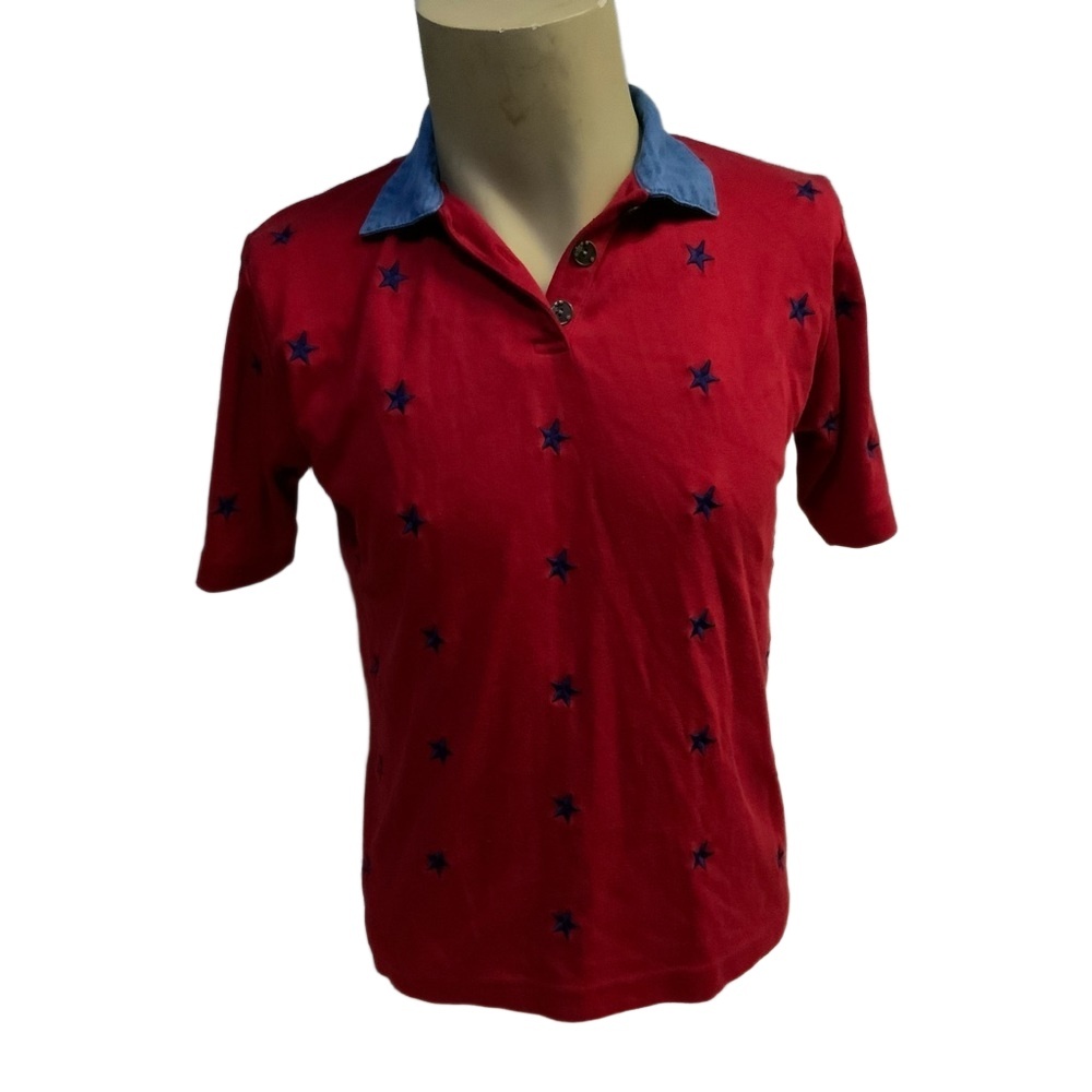 Rare Red Blue Embroidered Stars USA 4th July Polo